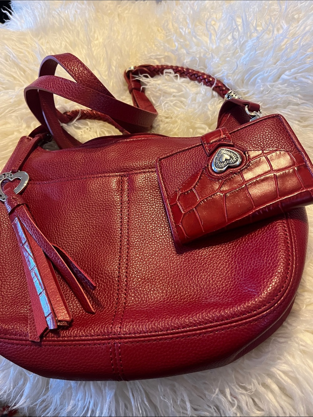 Red Leather brighton Shoulder Bag with Heart Accent